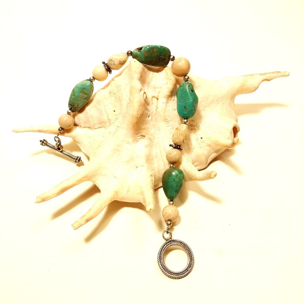 Vintage Turquoise Jasper Bead Bracelet Sterling Findings Toggle Clasp
